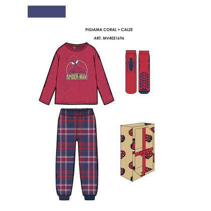 Pigiama bambino in coral + calze antiscivolo MV40Z1696 SPIDERMAN