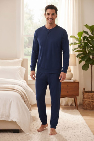 BLUPEPPER Pigiama uomo in cotone interlock lungo collo serafino PMU005CC