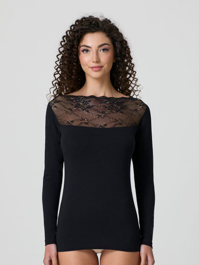 JADEA Maglia donna in cotone elasticizzato, con scollo dritto manica lunga con pizzo 4464