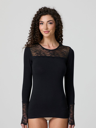 JADEA Maglia donna girocollo a manica lunga in cotone elasticizzato con pizzo 4871