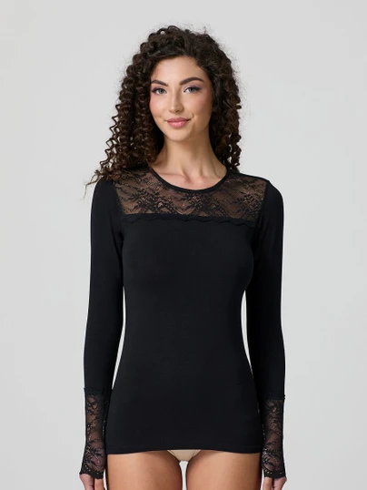 JADEA Maglia donna girocollo a manica lunga in cotone elasticizzato con pizzo 4871