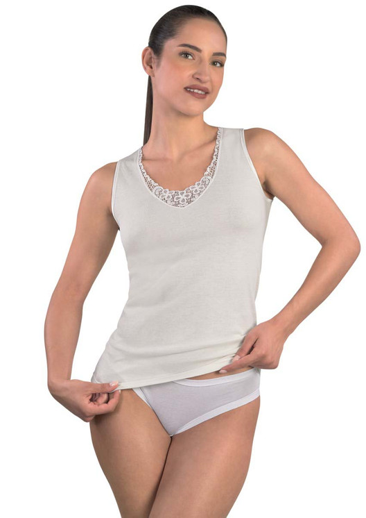 3 Pezzi Canottiere Donna Mabrat MMDB99 Spalla Larga Lana e Cotone con Intarsi in Macramé - Made in Italy