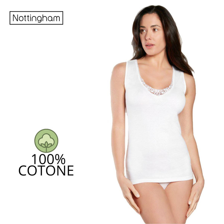 3 Canotte Donna Spalla Larga con Inserti in Pizzo Nottingham VL4311W in Cotone