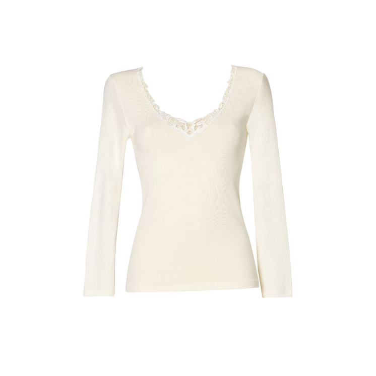 Emmebivi Maglia Donna Manica Lunga  in Lana Seta con Ricamo in Pizzo  93064
