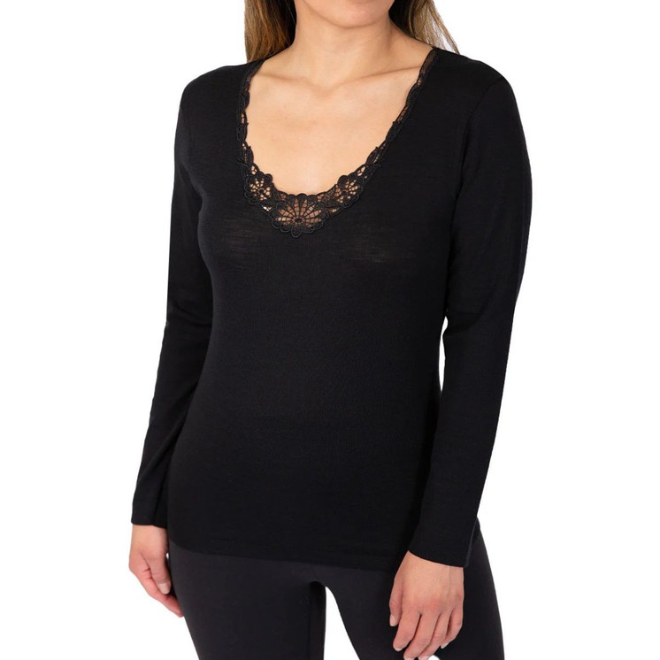 Emmebivi Maglia Donna Manica Lunga  in Lana Seta con Ricamo in Pizzo  93064
