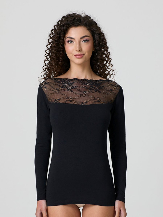 JADEA Maglia donna in cotone elasticizzato, con scollo dritto manica lunga con pizzo 4464