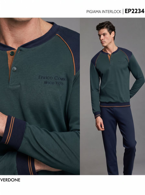 ENRICO COVERI Pigiama uomo invernale in cotone interlock collo serafino EP2234