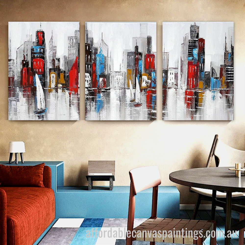 Colorful Buildings Abstract Art Modern Heavy Texture Handmade Framed 3 Piece Framed Wall Art Australia affordablecanvaspaintings.com.au