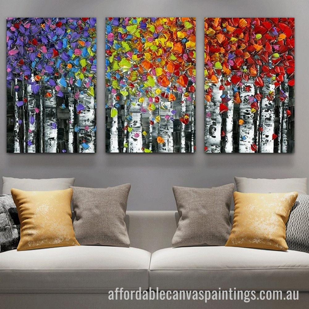 Colorful Leaves Abstract Art Modern Heavy Texture Handmade Framed 3 Piece Acrylic Paintings For Sale Australia affordablecanvaspaintings.com.au