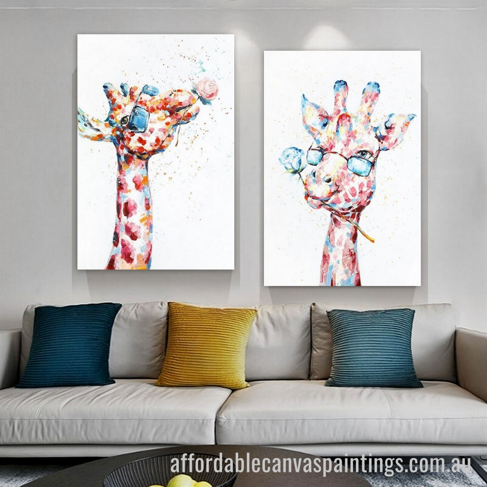 Beloved Giraffes Abstract Art Modern Heavy Texture Handmade Framed 2 Piece Stretched Paintings For Sale affordablecanvaspaintings.com.au
