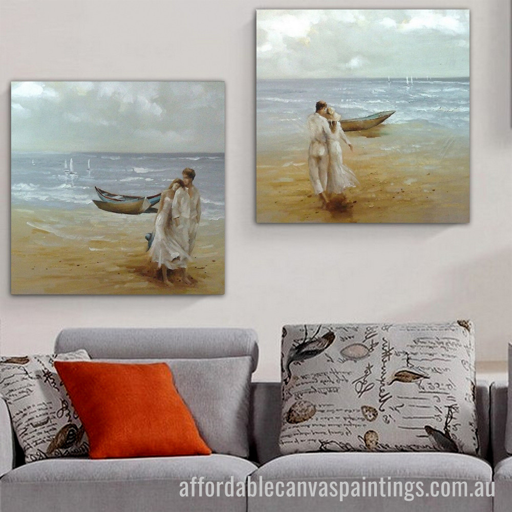 Lovers Walking Beach Abstract Art Modern Heavy Texture Handmade Framed 2 Piece Framed Canvas Wall Art Australia affordablecanvaspaintings.com.au