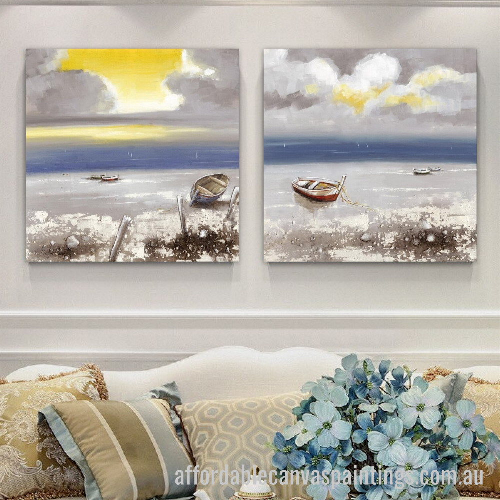 Boat On The Sea Abstract Art Modern Heavy Texture Handmade Framed 2 Piece Framed Canvas Wall Art Australia affordablecanvaspaintings.com.au