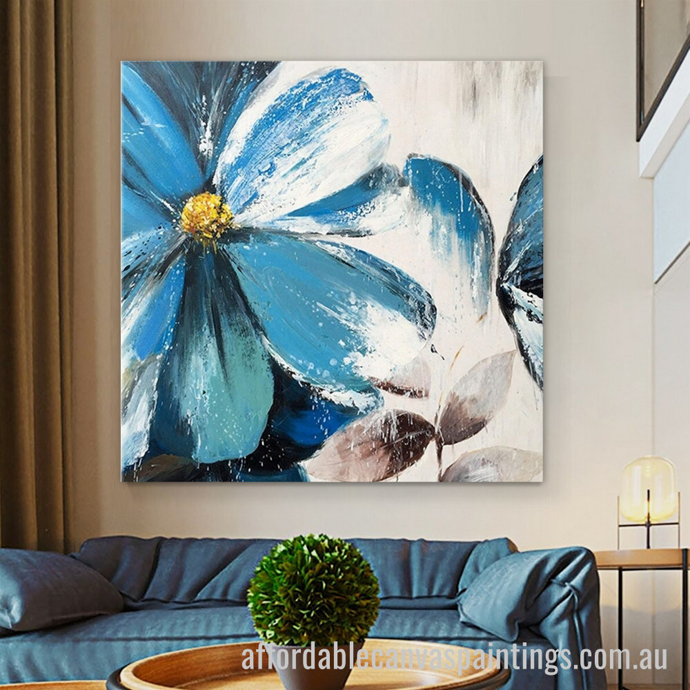 Blue Flower Abstract Art Modern Heavy Texture Handmade Framed Cheap Framed Artwork Australia affordablecanvaspaintings.com.au