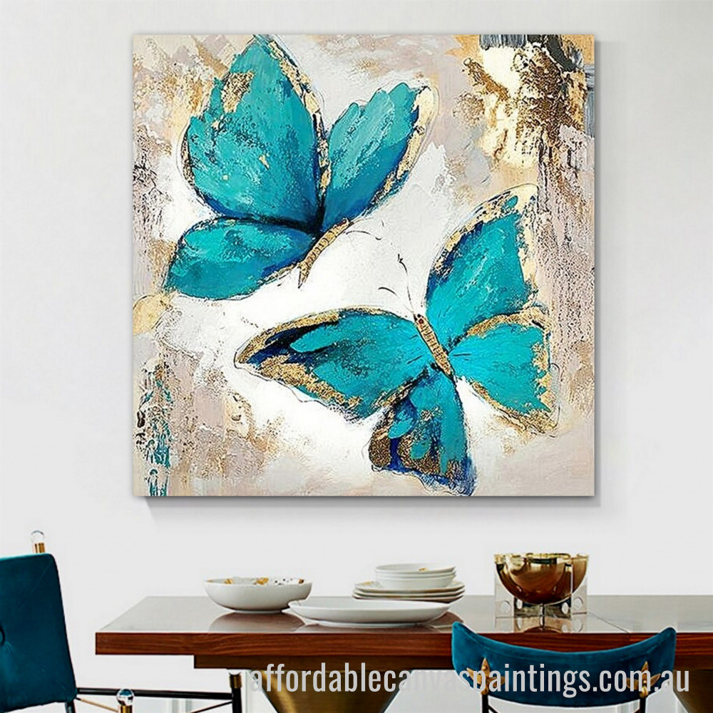 Blue And Gold Butterfly Abstract Art Modern Heavy Texture Handmade Framed Stretched Paintings For Sale affordablecanvaspaintings.com.au