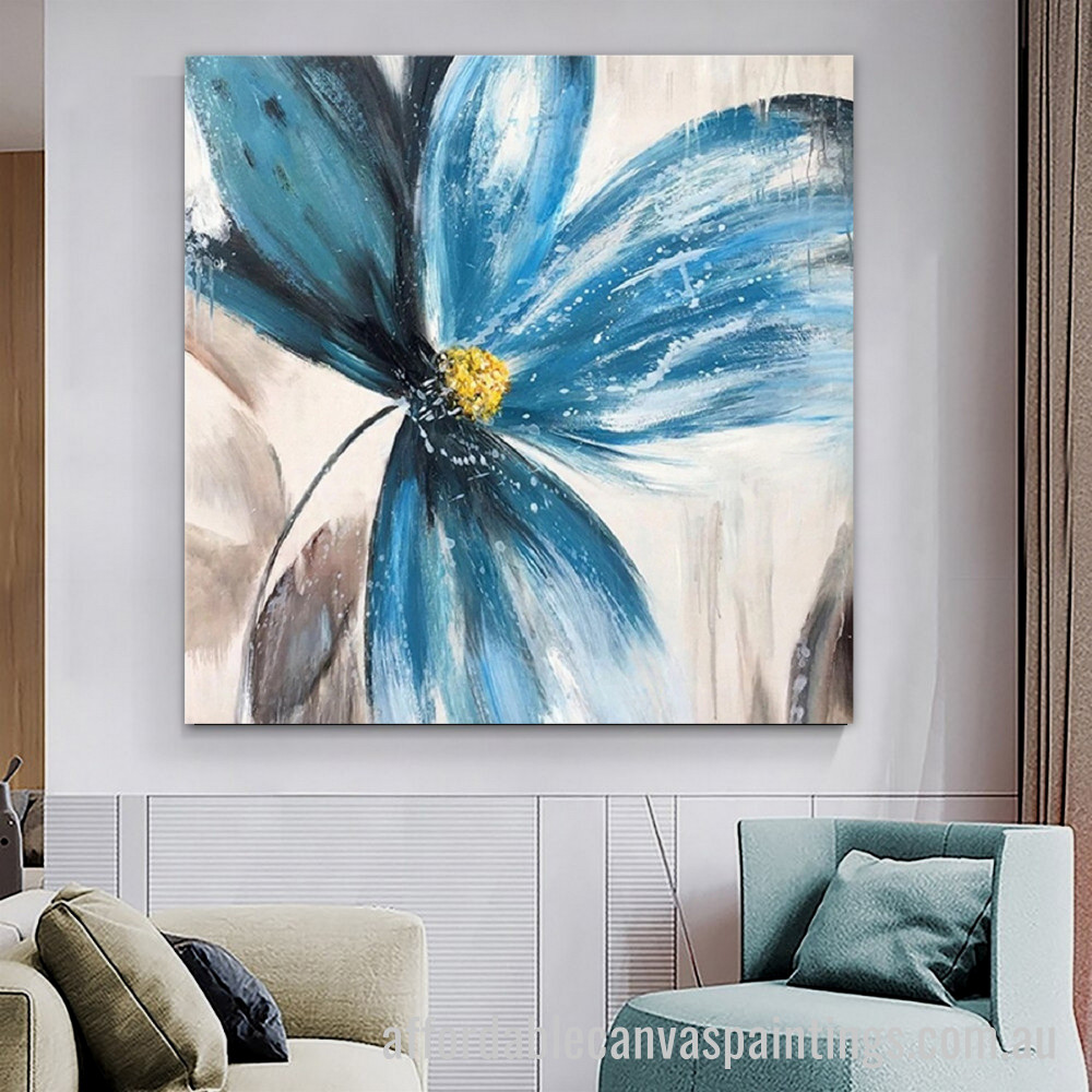 Blue Flower Abstract Art Modern Heavy Texture Handmade Stretched Framed Wall Art Australia affordablecanvaspaintings.com.au