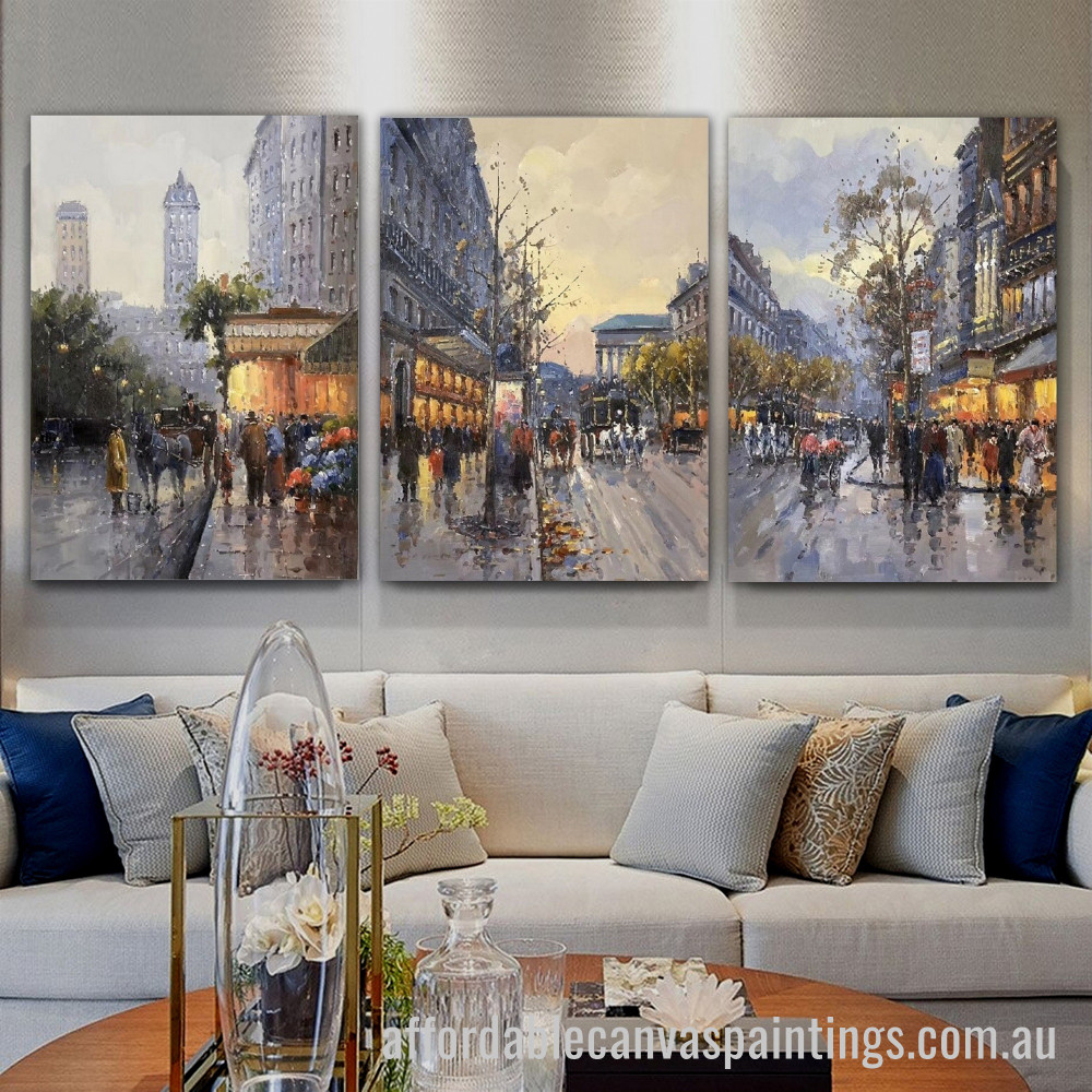 Paris Street Scene Abstract Art Modern Heavy Texture Handmade Framed 3 Piece Framed Canvas Wall Art Australia affordablecanvaspaintings.com.au