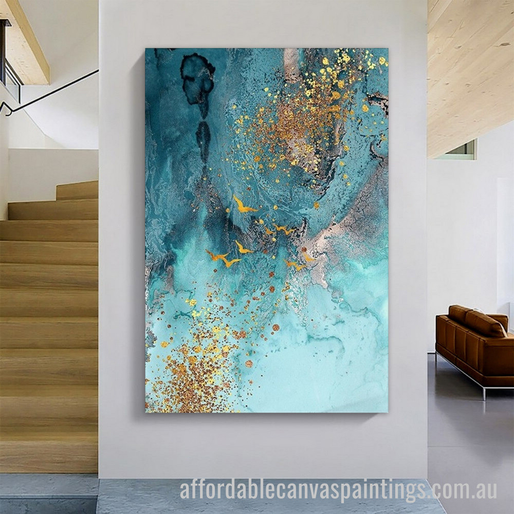 Blue With Gold Smear Abstract Art Modern Heavy Texture Handmade Framed Stretched Canvas Wall Art Australia affordablecanvaspaintings.com.au