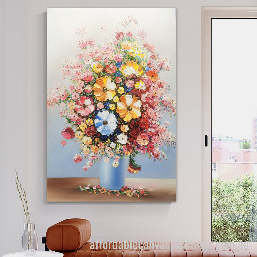 Colorful Flower Pot Abstract Art Modern Heavy Texture Handmade Stretched Best Framed Artwork Australia affordablecanvaspaintings.com.au