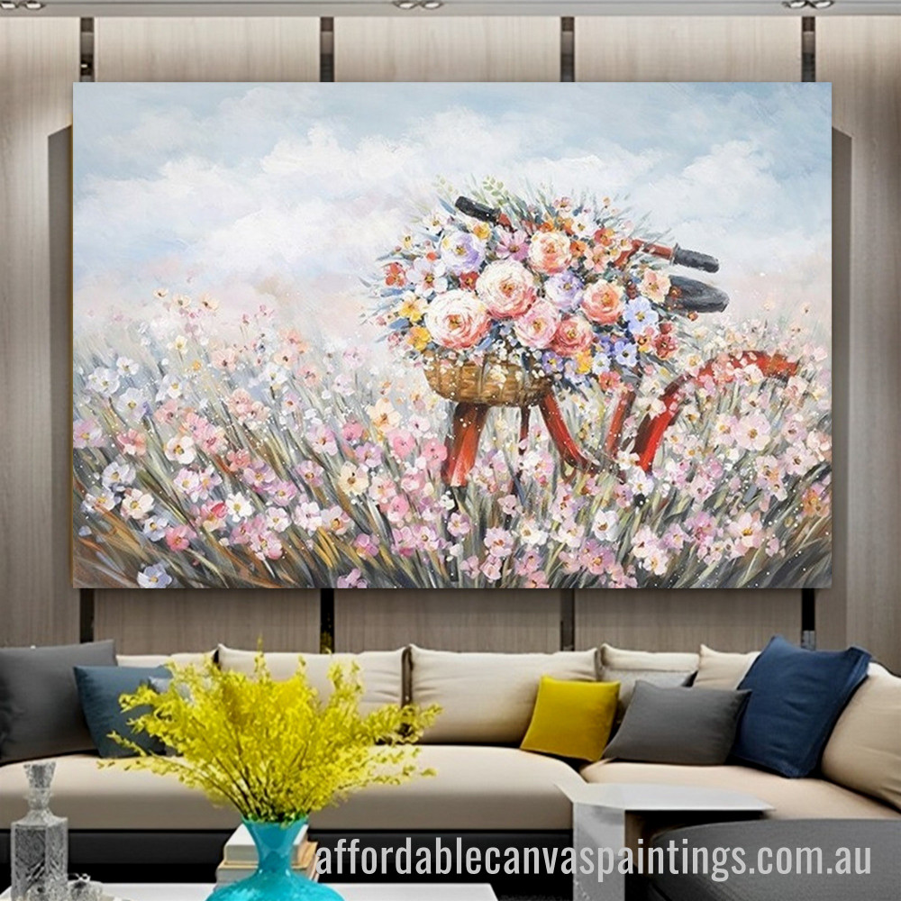 Flowers Basket Bicycle Abstract Art Modern Heavy Texture Handmade Stretched Cheap Framed Artwork Australia affordablecanvaspaintings.com.au
