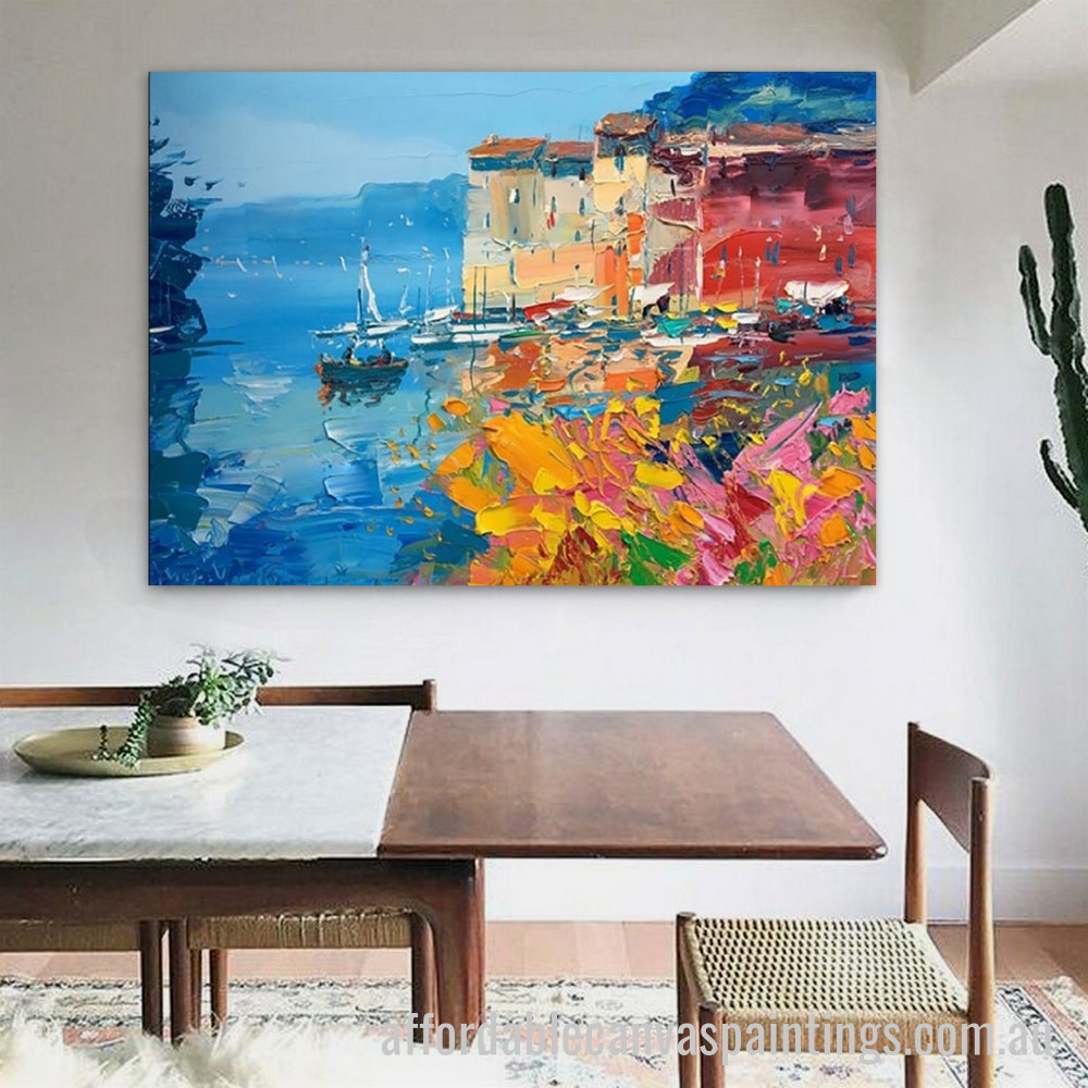 Seashore Boats Abstract Art Modern Heavy Texture Handmade Stretched Framed Artwork Australia Online affordablecanvaspaintings.com.au