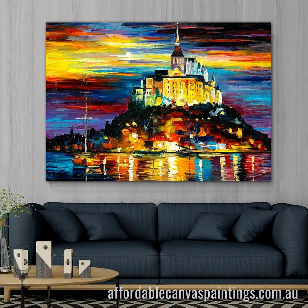 Leonid Afremov Castle Above The Harbor Abstract Art Modern Heavy Texture Handmade Framed Acrylic Paintings For Sale Australia affordablecanvaspaintings.com.au