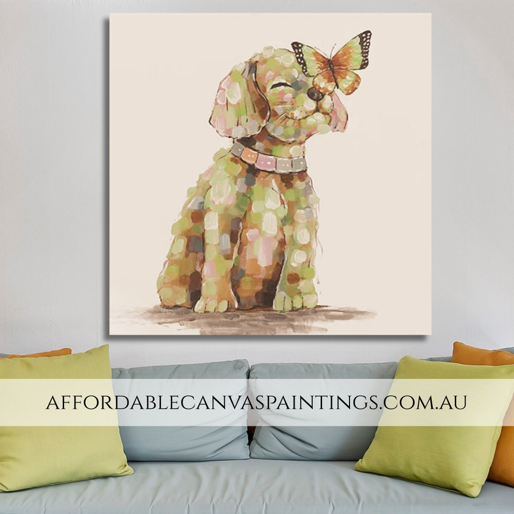 Puppy And Butterfly Abstract Animal Art Modern Artwork Framed Handmade Square Format Oil Painting For Wall Decoration