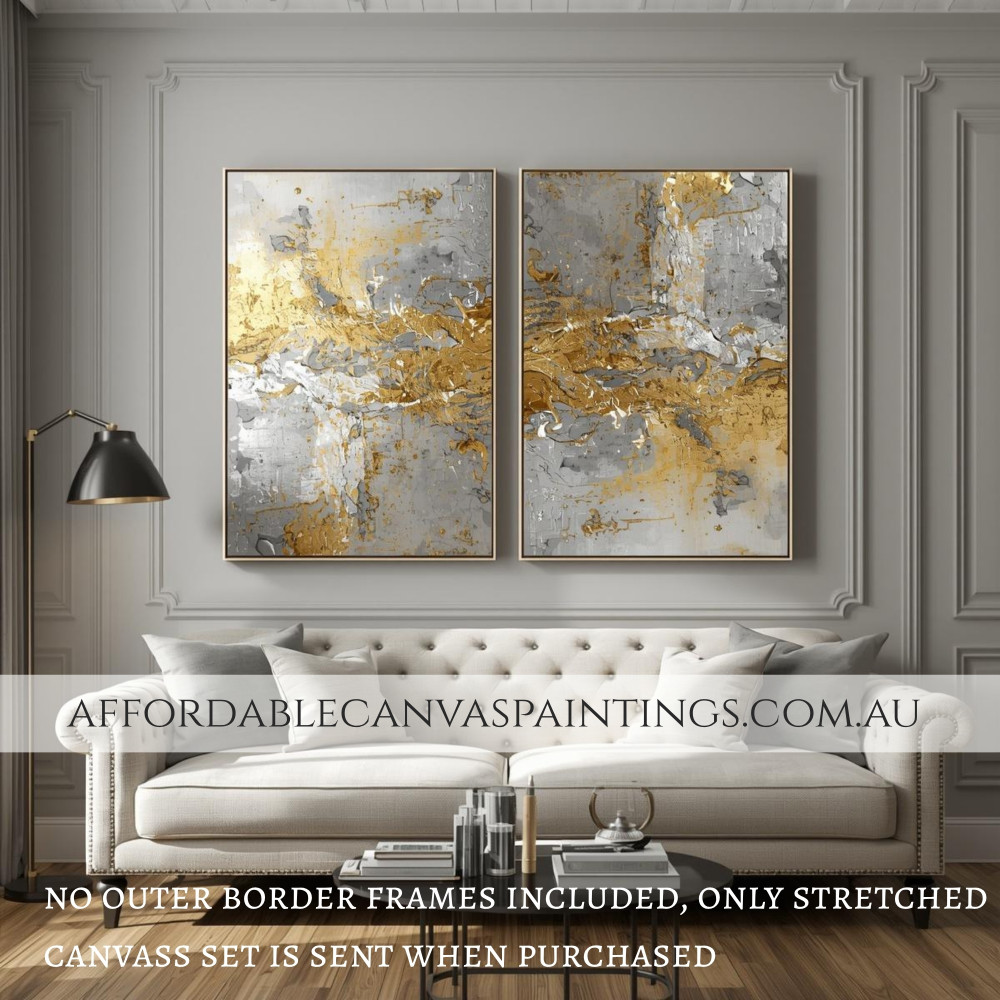 Golden And Silver Blots Heavy Textured Acrylics Impasto Canvas Painting Abstract Art Painting Framed 2 Piece Wall Art Set Modern Art For Sale For Living Room Ideas