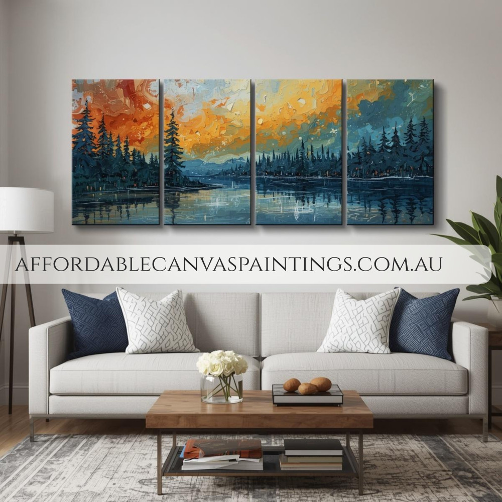 Forest River Beautiful Paintings Of Nature Modern Art Framed 4 Piece Wall Art Sets Impasto Canvas Painting Heavy Textured Acrylic Paintings For Cheap Wall Décor