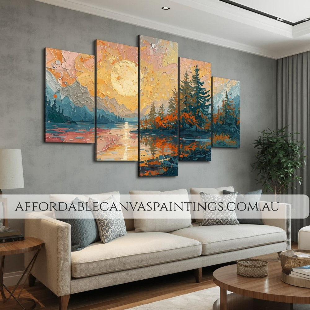 Shining Sun Abstract Landscape Painting Contemporary Art For Sale Handmade Framed 5 Piece Wall Art Canvas Heavy Textured Acrylic Paintings Impasto Art Painting For Home Decor