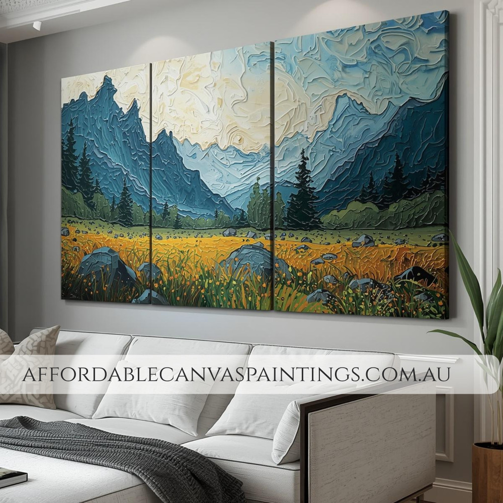 Big Mountains Abstract Acrylic Painting Landscape Art Modern Artwork Handmade Framed 3 Piece Canvas Art Heavy Textured Acrylics Impasto Painting For Home Décor