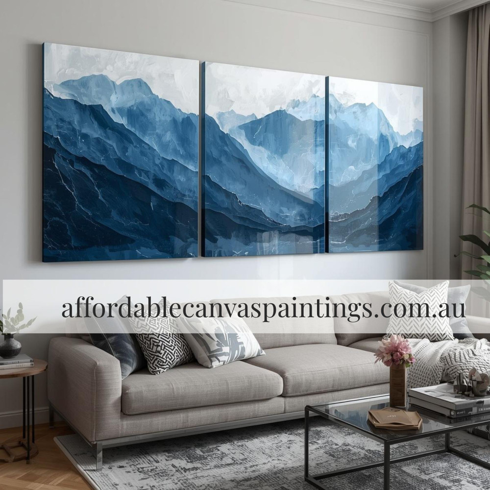 Blue Hills Abstract Artwork Modern Art For Sale Scenery Painting Framed 3 Piece Canvas Art Heavy Textured Acrylics Impasto Painting For Home Décor