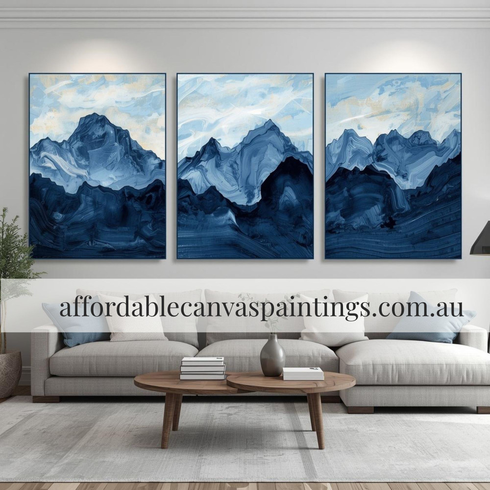Blue Mountains Abstract Art Contemporary Art Painting Famous Landscape Painting Framed 3 Piece Canvas Art Heavy Textured Acrylics Impasto Painting For Cheap Wall Décor