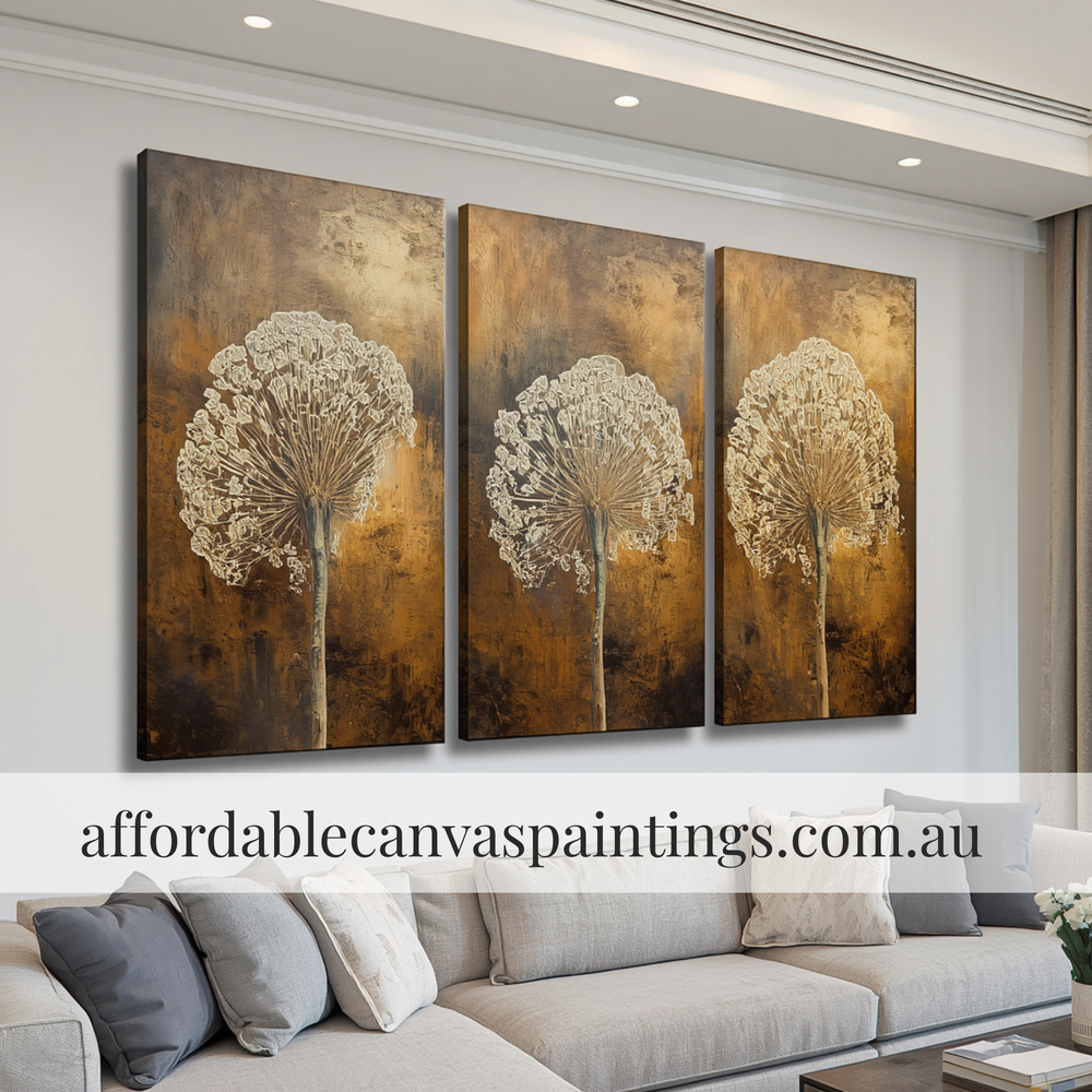 Allium White Flowers With Long Stems Abstract Wall Art Modern Artwork Botanical Wall Art 3 Piece Canvas Wall Art Framed Heavy Textured Acrylics Impasto Art For Home Décor