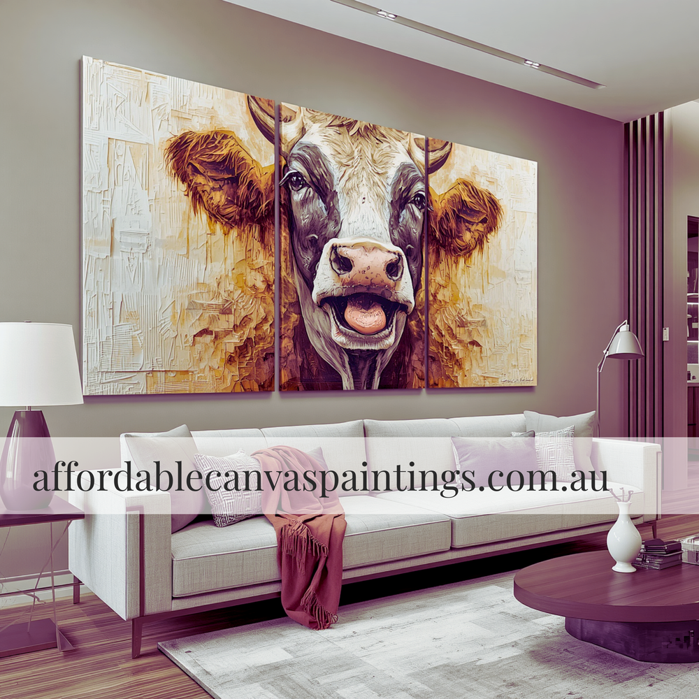Cow Animal Canvas Wall Art Large Abstract Wall Art Contemporary Art For Sale Framed 3 Piece Canvas Art Heavy Textured Acrylics Impasto Painting For Interior Decoration