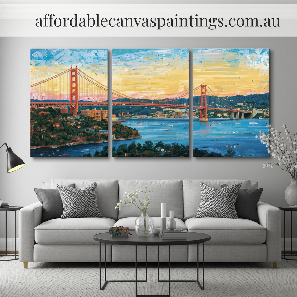 Golden Gate Bridge USA Nature Art Painting Modern Painting Framed 3 Piece Canvas Art Handmade Acrylic Painting Australia Impasto Art For Home Décor