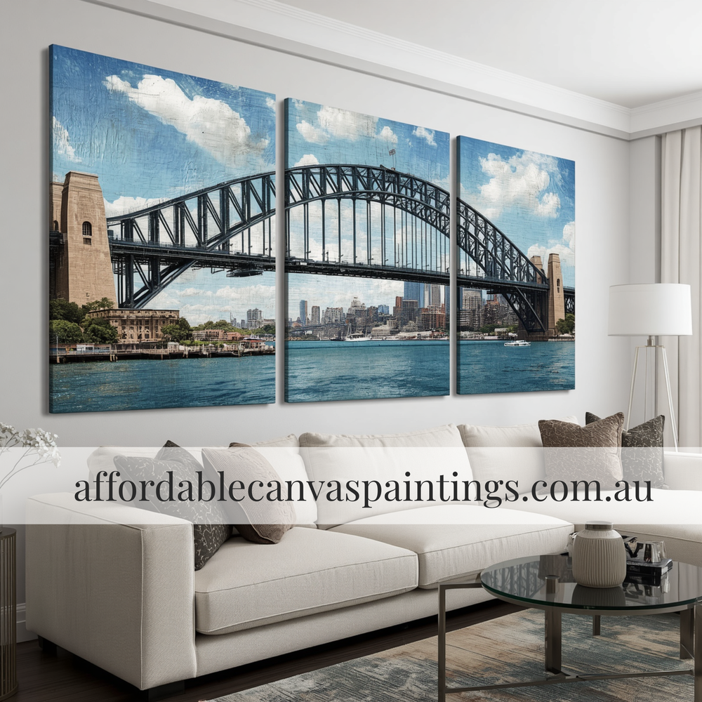 Sydney Harbour Bridge Cityscape Australia Modern Painting 3 Piece Wall Decor Framed Impasto Canvas Painting Heavy Textured Acrylic Paintings For Interior Design Ideas