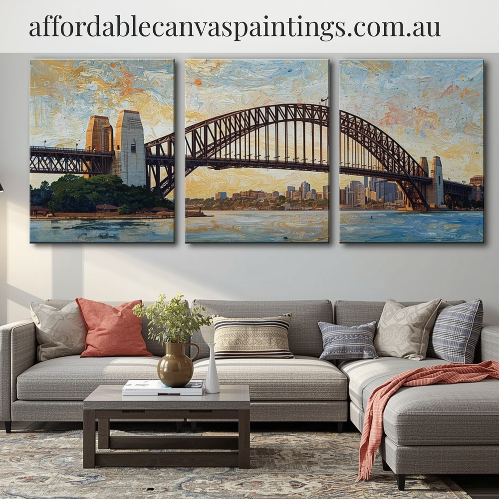 Sydney Harbour Bridge Cityscape Australia Modern Artwork 3 Piece Canvas Wall Art Framed Impasto Art Painting Heavy Textured Acrylic Paintings For Cheap Wall Decor