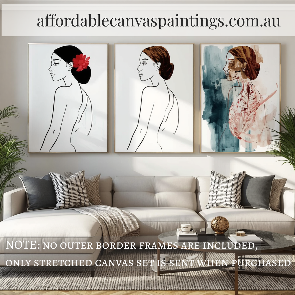 Nude Women Backside Figure Painting Modern Painting Framed 3 Piece Canvas Wall Art Ready To Hang Australian Abstract Painting For Home Wall Décor