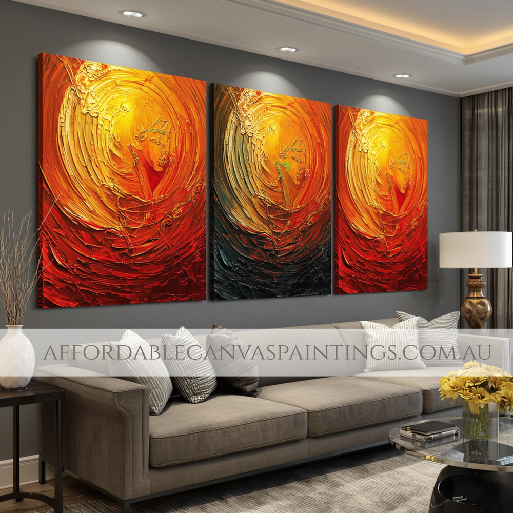 Warm Colors Heavy Textured Painting With Palette Knife Abstract Acrylic Painting Modern Art For Sale 3 Panel Framed Painting Handcrafted Canvas Painting Impasto Painting For Home Décor