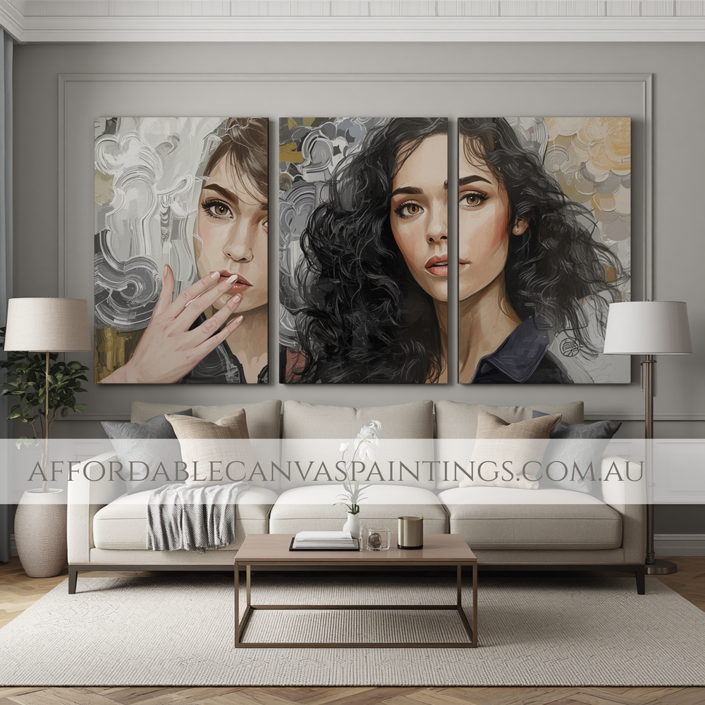 Dame Visage Figure Painting Impasto Canvas Painting Framed 3 Piece Wall Décor Australian Handmade Paintings Online For DIY Room Décor