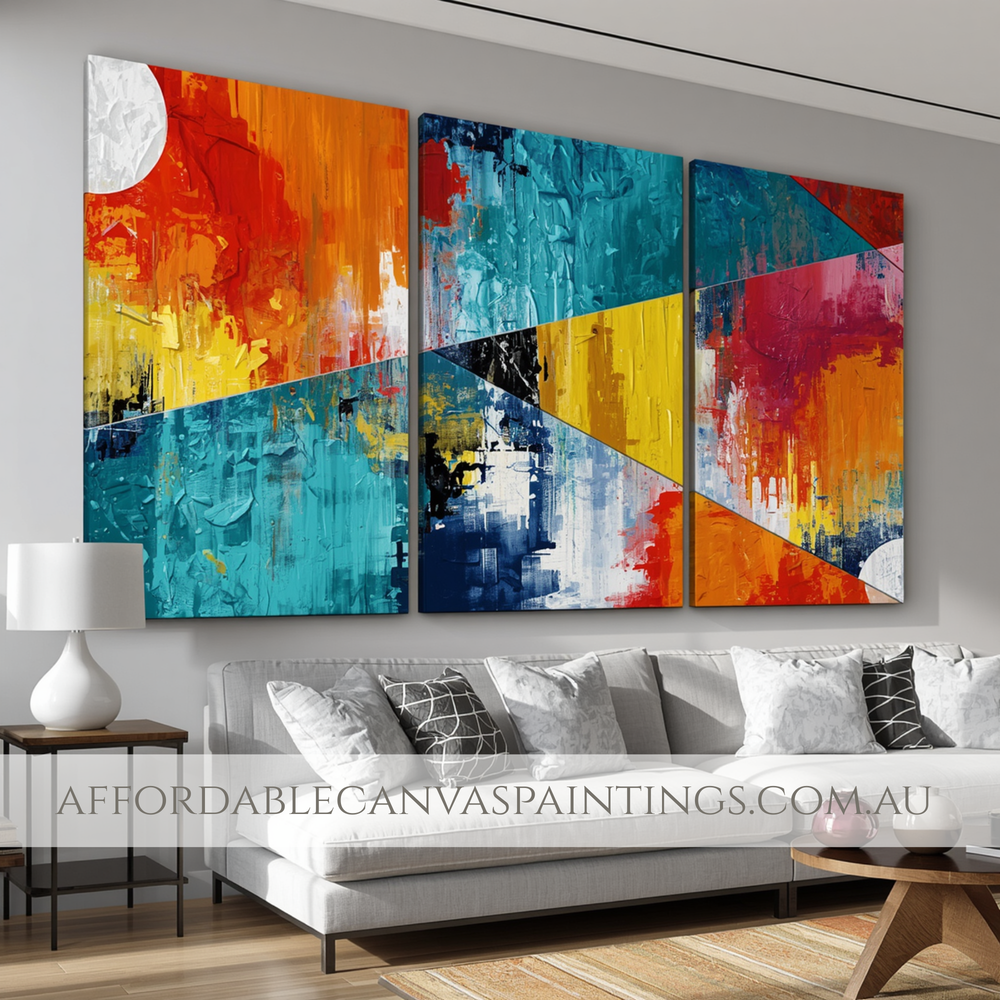Geometric Designs Contemporary Art For Sale Knife Painting Framed 3 Piece Abstract Wall Art Handcrafted Canvas Painting Impasto Art For Living Room Design