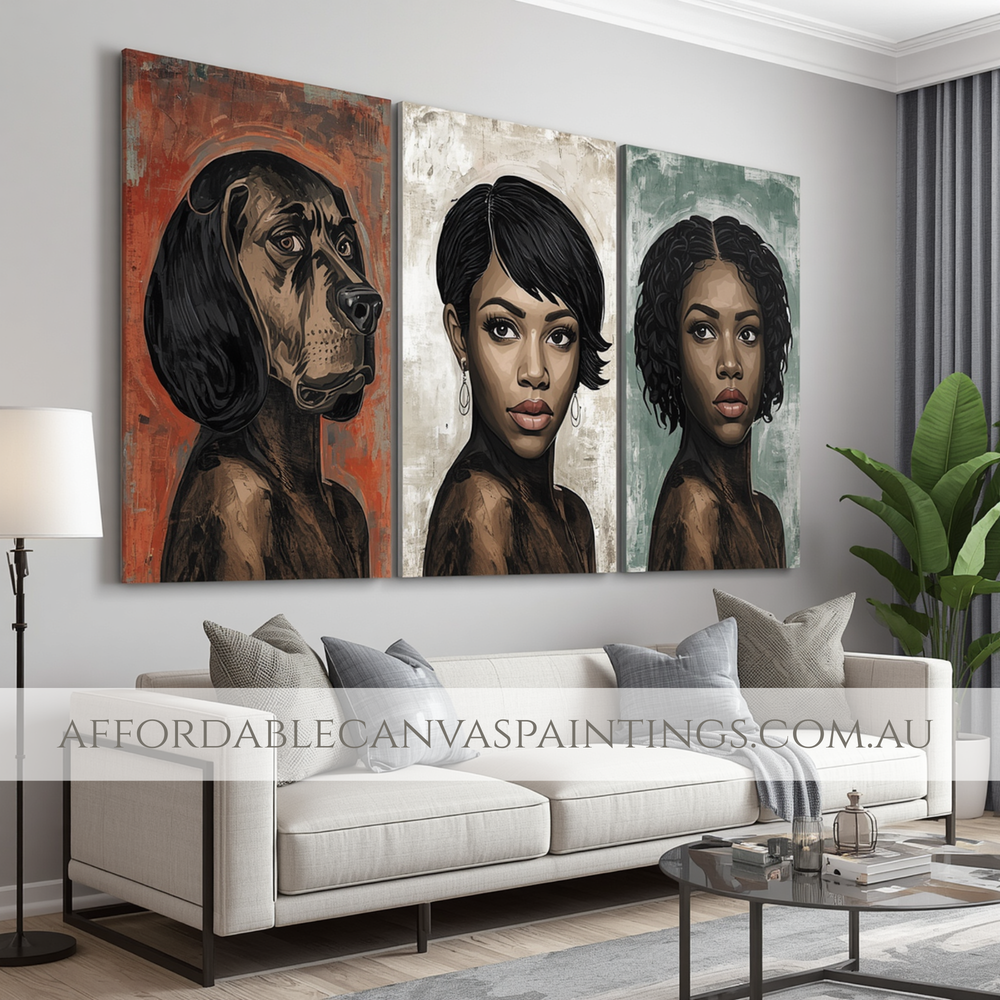 Bloodhound Dog And African American Women Figure Painting Impasto Canvas Painting Framed 3 Piece Wall Décor Australian Handmade Paintings Online For Room Wall Decor