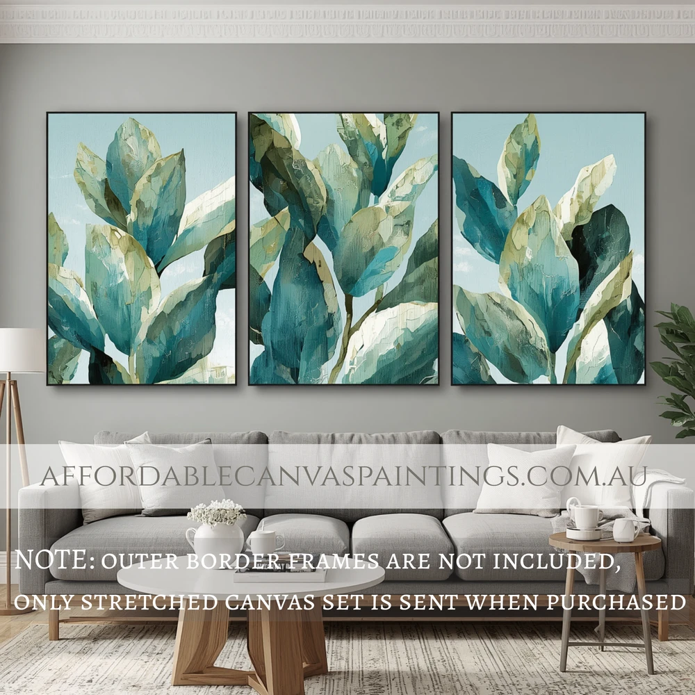 Green Leaves Botanical Canvas Sets Handmade Acrylic Painting Australia Impasto Art Painting Framed Three Piece Wall Art Contemporary Art Painting For Interior Decoration