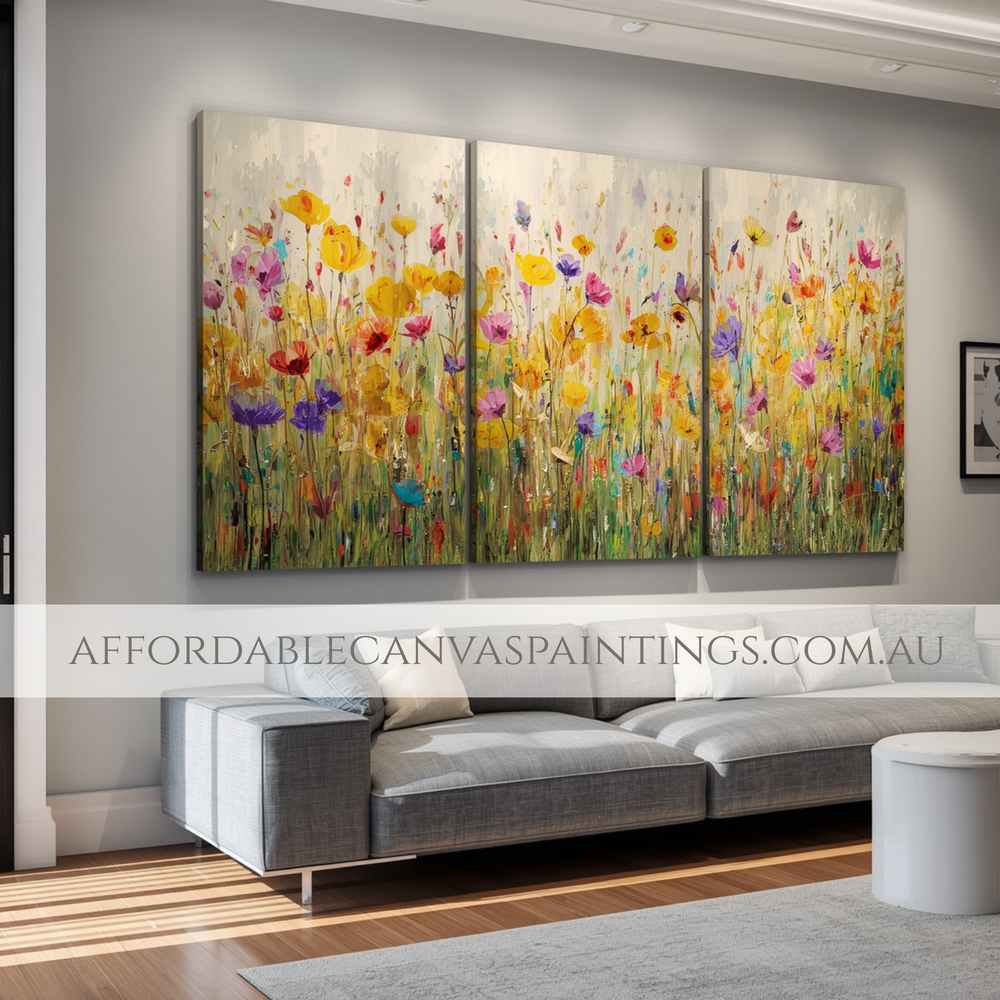 Colourful Poppy Flowers Abstract Canvas Painting Modern Art For Sale Framed 3 Piece Canvas Wall Art Heavy Textured Acrylics Impasto Painting For Bedroom Design