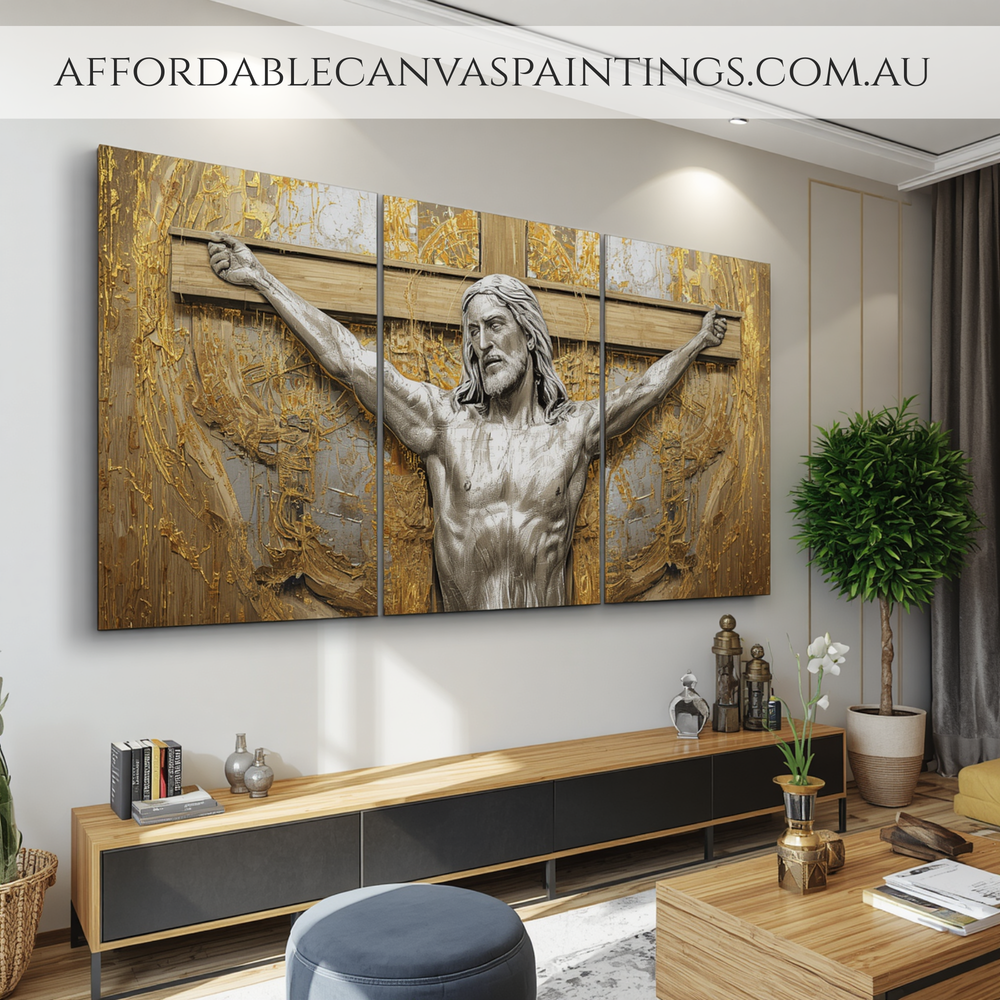The Crucifixion Of Jesus Religious Large Christian Canvas Wall Art Framed 3 Piece Canvas Art Heavy Textured Acrylic Painting Impasto Art Modern Art For Home Wall Décor