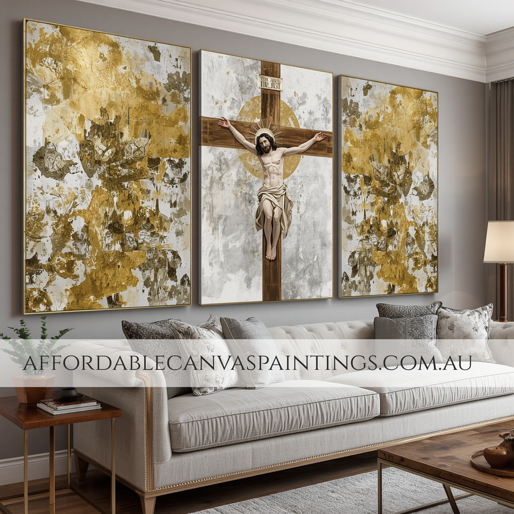 The Crucifixion Of Jesus Christ Religious Christian Canvas Wall Art Framed 3 Piece Wall Decor Hand Painted Diptych Oil Painting Impasto Art Painting Modern Artwork For Bedroom Wall Decor