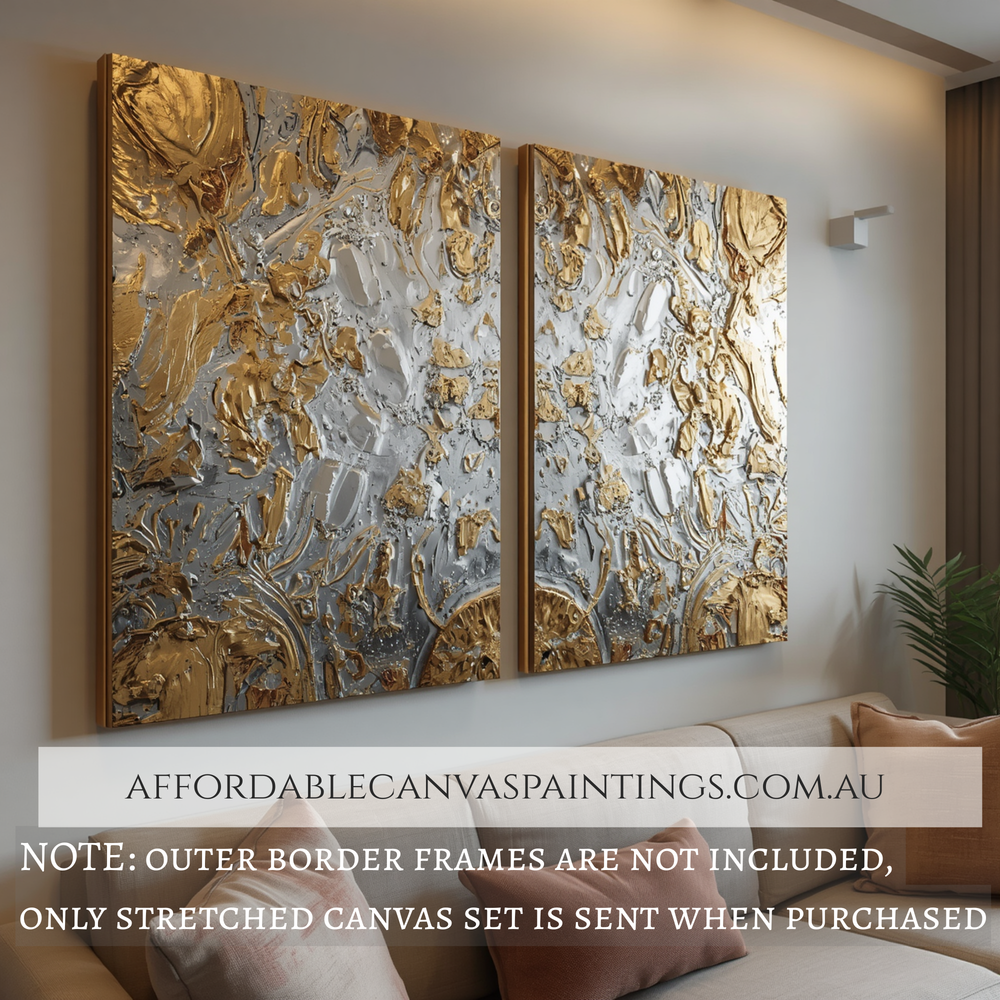 Motley Daubs Shiny Gold Artwork Modern Art Abstract Acrylic Painting Hand Painted Triptych Canvas Framed 2 Piece Canvas Art Impasto Painting For Interior Design Ideas