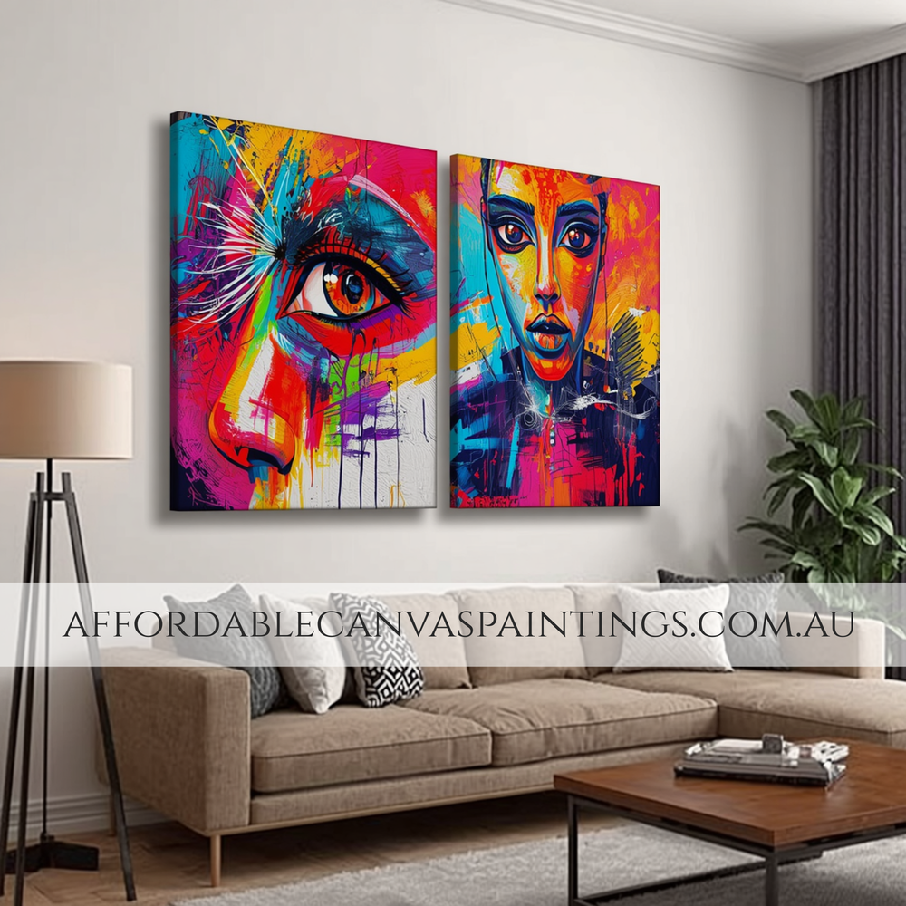 Cute Lady Face With Close Up Abstract Art Painting Contemporary Art Painting Framed Figurative 2 Piece Art Handcrafted Canvas Painting Impasto Canvas Painting