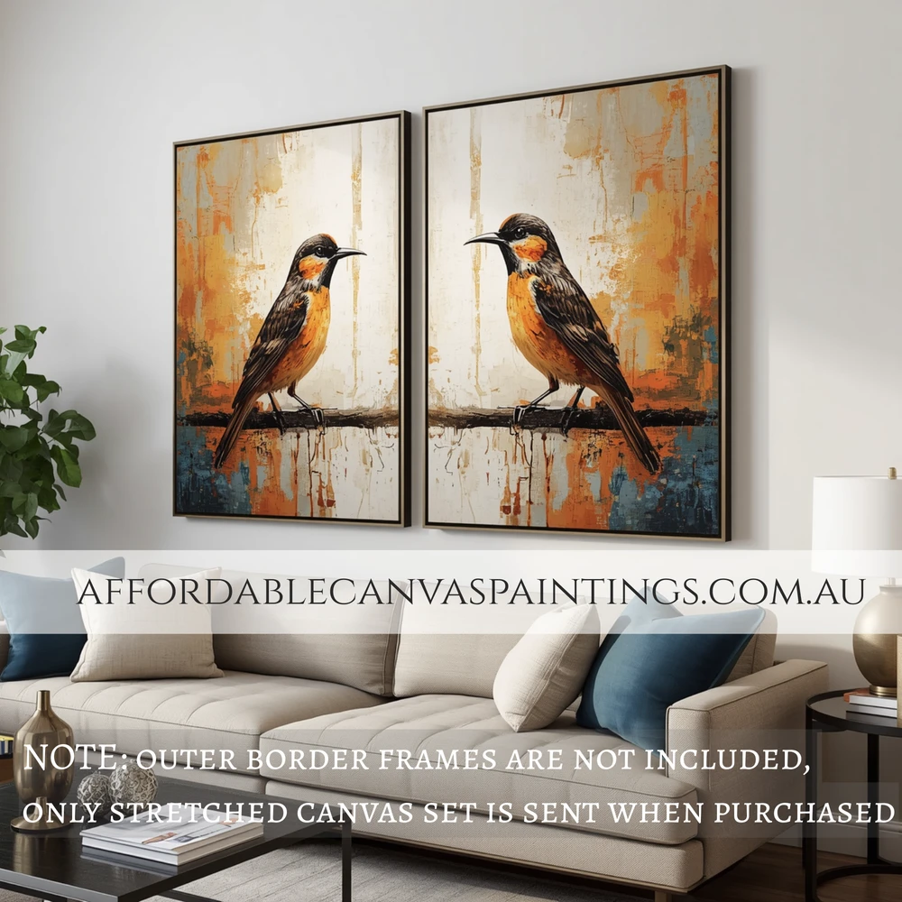 Two Sparrow Birds Framed 2 Piece Wall Decor Set Ready To Hang Acrylic Art Abstract Birds Canvas Wall Art Modern Artwork Impasto Art Painting For Living Room Design