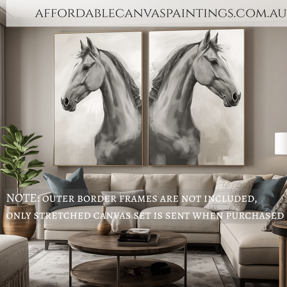 Monochromatic Horses Black And White Animal Wall Art Abstract Artwork Modern Art For Sale Framed 2 Piece Wall Decor Set Heavy Textured Acrylic Painting Impasto Art For Living Room Design